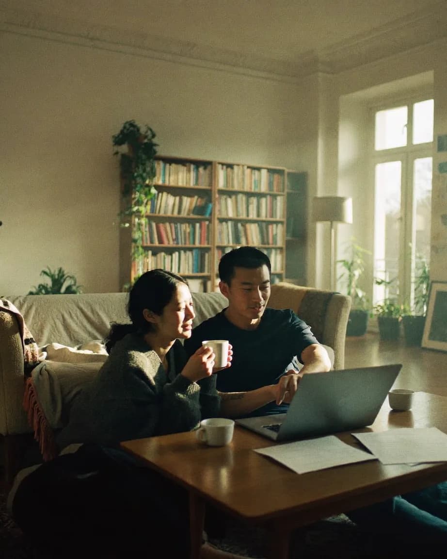 A couple on the sofa with coffee, going through papers on a laptop