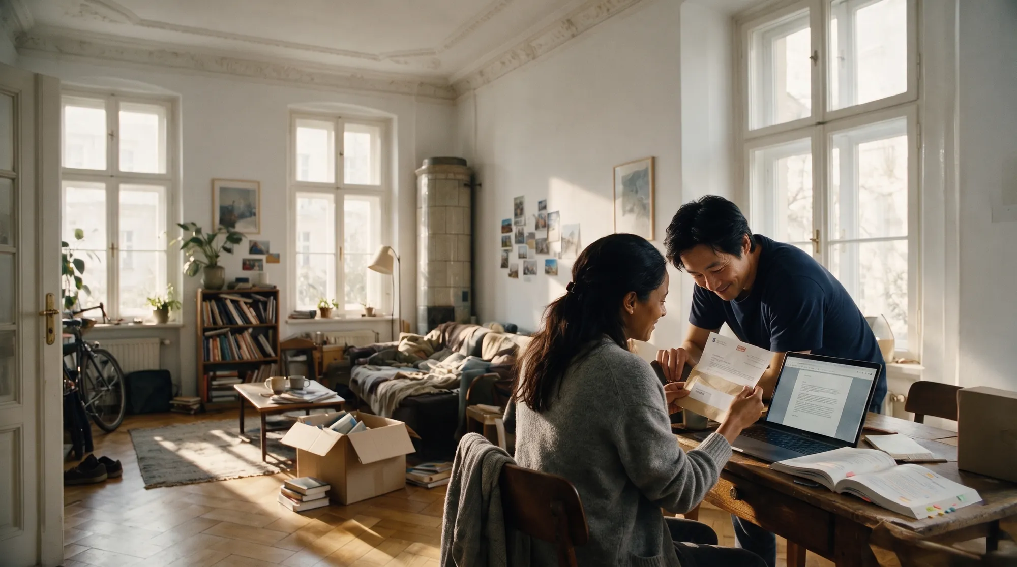 A couple at home going through a letter and their laptop together