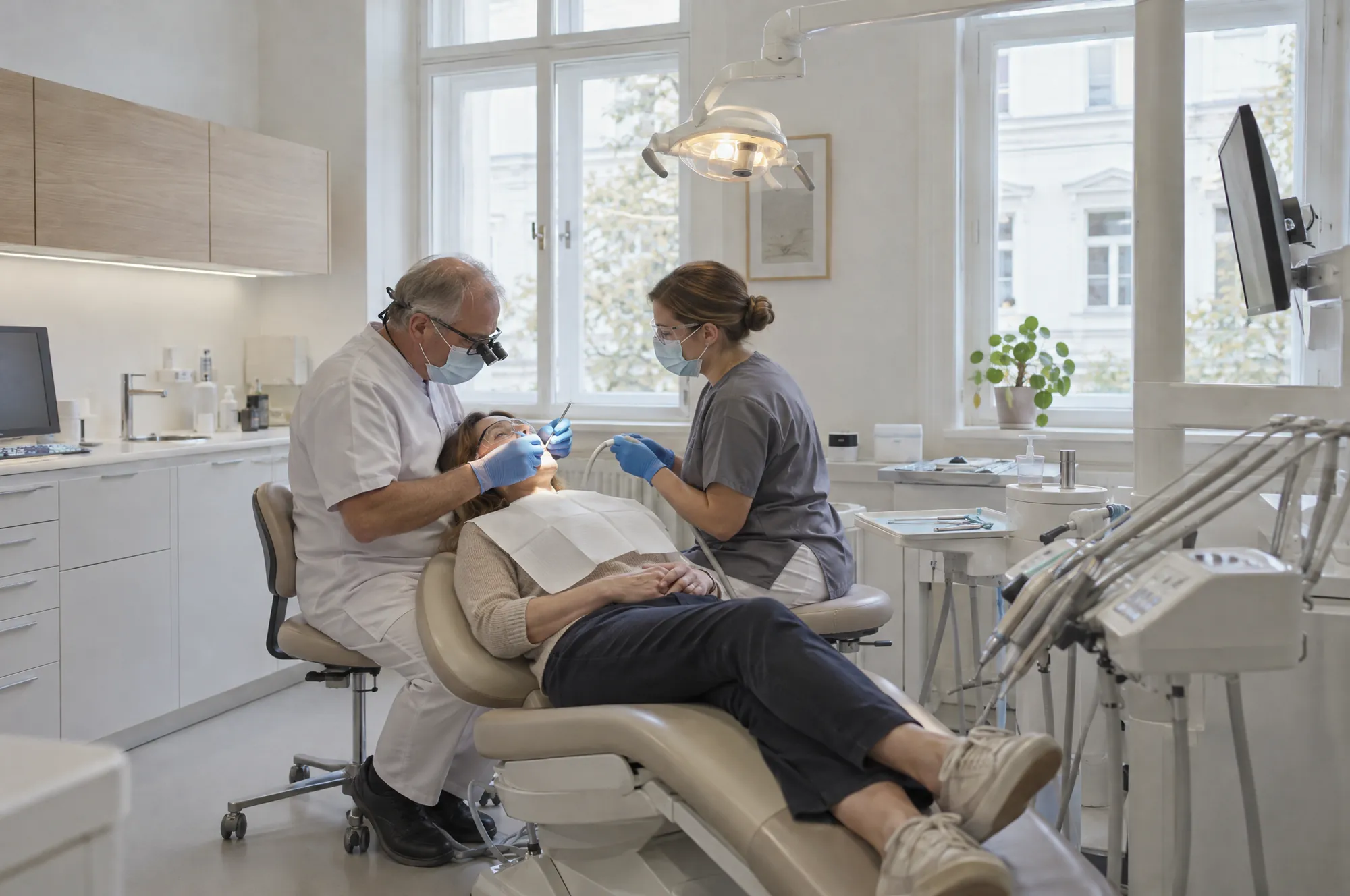A dentist and an assistant treating a relaxed patient