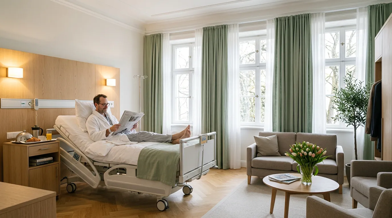 A patient reading the paper in a bright single hospital room