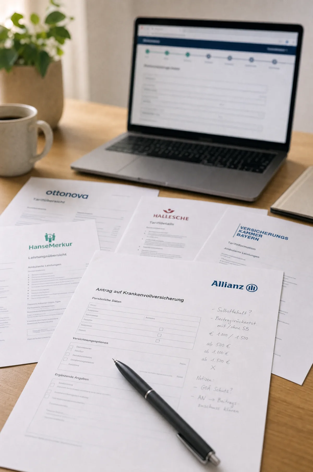 A German PKV application on a wooden desk with tariff sheets from Allianz, Hallesche, Ottonova and HanseMerkur, handwritten notes, a pen, a coffee mug, and a laptop showing a tracking dashboard.